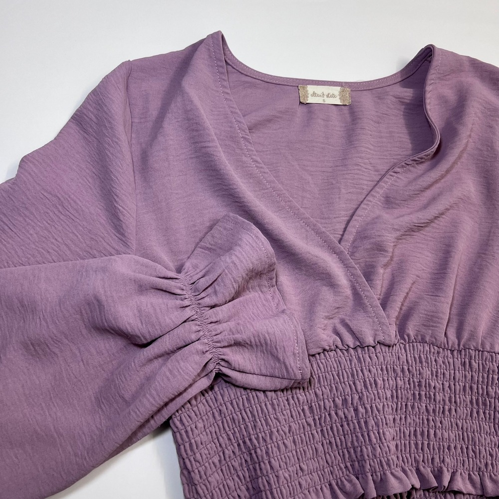 Altar'd State Crop Top Small Purple V Neckline Smocked Waist Ruffle Long Sleeve - Picture 12 of 12